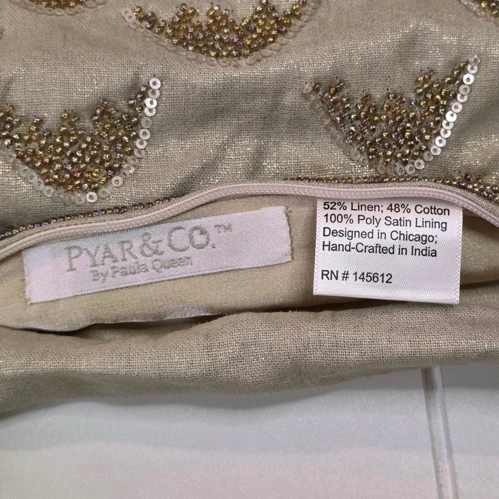 Pyar & Co Paula Queen 20x20 Pillow Cover Gold Beaded Linen Cotton Metallic